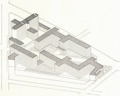 Soutěžní návrh na budovy soudních a finančních úřadů v Praze - Axonometrický pohled - foto: archiv redakce