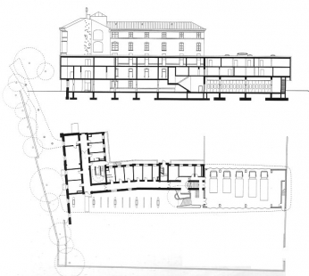 Fire and police station - Půdorys přízemí a řez přístavbou. - foto: © sauerbruch hutton