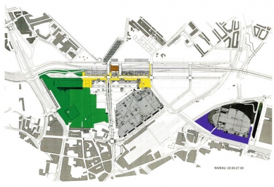 Lille Grand Palais - Map of the plan for the area, with the zone around the TGV station (yellow), the Triangle des Gares (light gray, center), the Grand Palais (gray, right) and the park (green). - foto: Collection: NAI, OMAR Archives.