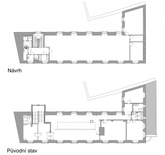 Rekonstrukce budovy bývalých stájí - Půdorys 2NP - návrh / původní stav