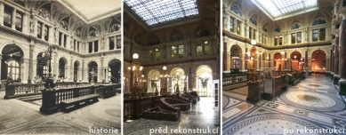 Rekonstrukce pobočky České spořitelny  Paláce Rytířská 29 - Porovnávací fotografie dvorany