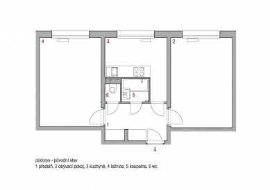 Rekonstrukce bytu v panelovém domě - Půdorys - původní stav - foto: Sborwitz architekti