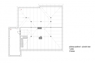 Půdní vestavba Řeporyje - Půdorys podkroví - původní stav - foto: Sborwitz architekti