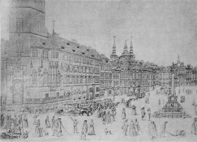 Soutěžní projekt na Staroměstskou radnici - Fil. a Frant. Hegerové: Staroměstská radnice r. 1793, ryl C.Pluth.