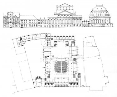 Ideová soutěž na umístění Nového Národního divadla v Praze - Řez a půdorys přízemí