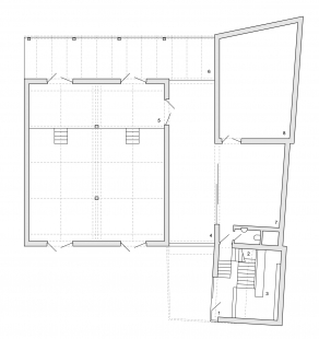 Vineyard Beautiful Mountain - <p>Floor plan 1st floor - 1 main entrance, 2 entrance to the old cellar, 3 wine sales, 4 handling area, 5 tank hall, 6 covered outdoor work area, 7 bottling, labeling, 8 storage</p>