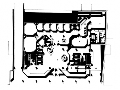 Budova PZO Omnipol - 1NP - foto: Architektura ČSR IV, 1981, s. 151, 154, 155 