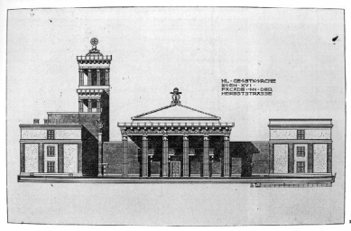 Kostel svatého Ducha - Průčelí původního návrhu z roku 1910