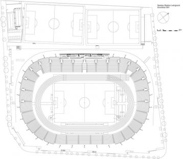Atletický a fotbalový stadion Letzigrund - Půdorys vstupního podlaží - nerealizovaný soutěžní návrh - foto: Bétrix & Consolascio