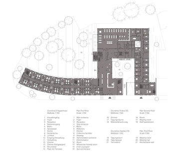 Hostel DJH v Düsseldorfu - Půdorys přízemí - foto: Hahn Helten + Assoziierte 