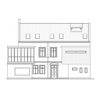 Dostavba a interiér kavárny Modrý domeček - Pohled z ulice