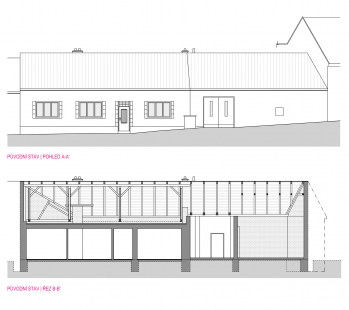 Rekonstrukce domu v Rozdrojovicích - Pohled a podélný řez původního stavu - foto: Archanti