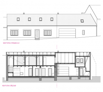 Rekonstrukce domu v Rozdrojovicích - Uliční pohled a podélný řez - návrhu - foto: Archanti
