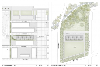 Chilský národní pavilon pro Expo 2015 - Situování pavilonu v Itálii (vlevo) a v Chile (vpravo) - foto: Undurraga Deves Arquitectos