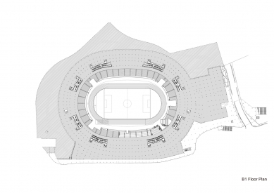 Japonský národní stadion - Půdorys 1. suterénu - foto: © Taisei Corporation, Azusa Sekkei Co., Ltd., Kengo Kuma and Associates Joint Venture