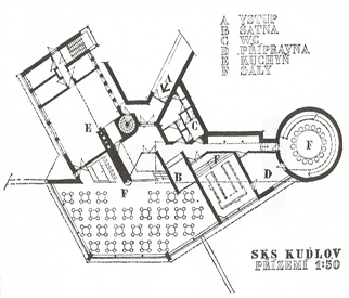 Společenské a kulturní centrum Pindula - Půdorys přízemí - foto: archiv Karla Havliše