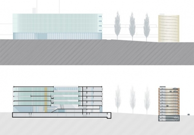 Soutěžní projekt Národní technické knihovny v Praze - Podélný řez a pohled - foto: © AK architekti, 2001