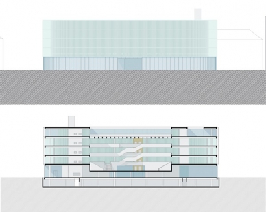 Soutěžní projekt Národní technické knihovny v Praze - Příčný řez a pohled - foto: © AK architekti, 2001