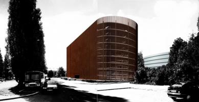 Soutěžní projekt Národní technické knihovny v Praze - Zákres garážové věže do fotografie - foto: © AK architekti, 2001