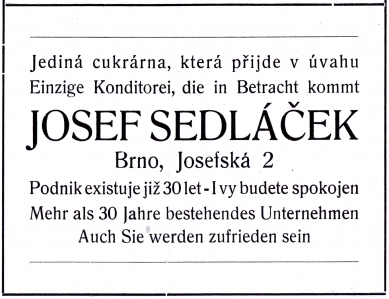 Nájemní dům s cukrárnou Josefa Sedláčka - Reklama z denního tisku na Sedláčkovu cukrárnu v domě Hugo Ftačnika na Josefské