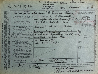 Felixe Blocha Villa - <!DOCTYPE html>
<html>
<head>
    <title>Notification slip of Adalbert Pazdirka-Coreno from 1931</title>
</head>
<body>
    <h1>Notification slip of Adalbert Pazdirka-Coreno from 1931</h1>
</body>
</html> - foto: Archiv města Brna