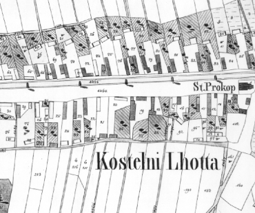 Housing project in Újezd nad Lesy - Ukázky zástavby vesnic z císařských otisků (z let 1826-1843) s rohovým způsobem zástavby parcel: Kostelní Lhota (okres Nymburk)