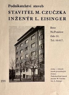 Nájemní dům Julia Grubera - Inzerce stavební firmy M.Czučzka a L.Eisinger s referenční fotografií Gruberova domu - foto: Brno město a okolí, 1938