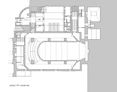 Rekonstrukce bývalého kina Central - Půdorys 1.pp - původní stav - foto: SBORWITZ Architekti