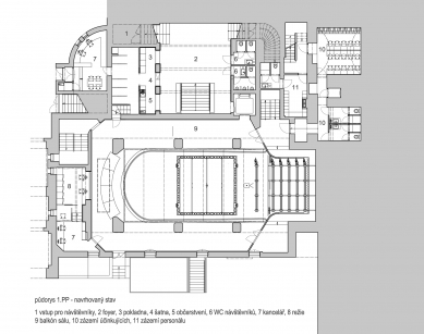 Rekonstrukce bývalého kina Central - Půdorys 1.pp - navrhovaný stav - foto: SBORWITZ Architekti