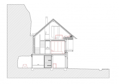 Roubený dům v kamenné soutěsce - Příčný řez - návrh - foto: koucky-arch.cz