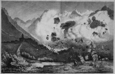 Michele Calvello: Landslide Risk, Art and Society - Paweł Boczkowski, Górozwał we wsi Elm w Szwajcarii (Sesuv skály u Elmu), dřevořez, 1881