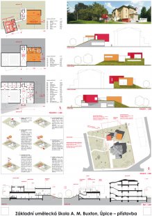 Výběr neoceněných projektů arch. soutěže na přístavbu ZUŠ Úpice - Návrh č.38: Ing.arch. Akad.arch. Jan Hendrych, Ing.arch. Eliška Janečková, Ing.arch. Veronika Veselá