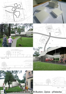 Výběr neoceněných projektů arch. soutěže na přístavbu ZUŠ Úpice - Návrh č.42: Akad.arch. Ing. Ján Studený, Ing.arch. Pavel Mejtský - panel A 