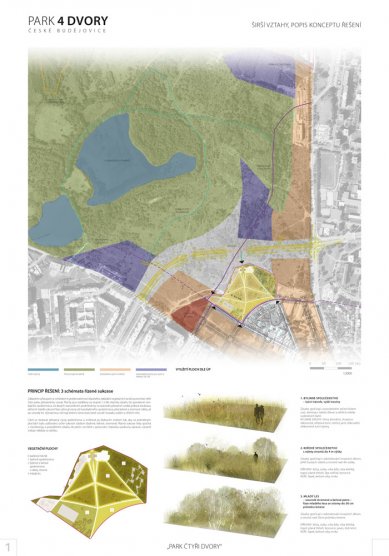 Park Čtyři Dvory v Českých Budějovicích - výsledky soutěže - 1. cena (110 tis. Kč): Ing. Petr Velička, Ing. arch. David Prudík, Ing. Markéta Veličková