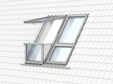 Střešní balkon VELUX Cabrio®: V neustálém kontaktu s okolním světem - Střešní balkon vznikne pouhým rozevřením dvou oken, která po zavření dokonale splývají se střechou a tvoří tak prosklenou plochu, která přivádí velké množství denního světla do podkroví.