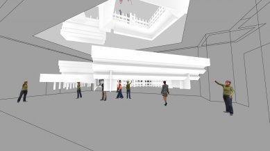 Predstavenie výstavného projektu pre 15. medzinárodné bienále architektúry v Benátkach 2016 - Súťažný návrh zaveseného modelu SNG (mierka 1:8) v pavilóne, 2016. Vizualizácia. Majetok autorov projektu.