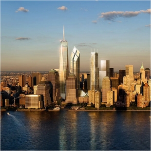 Projekty nového WTC pět let po leteckém útoku - Zleva: „Freedom Tower“ od SOM, „Tower 2“ od Normana Fostera, „Tower 3” od Richarda Rogerse a „Tower 4” od Fumihiko Maki. - foto: © Silverstein Properties