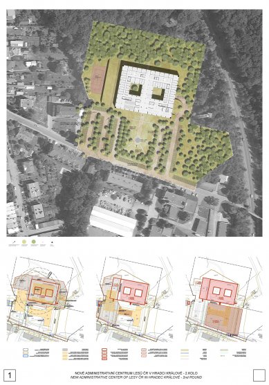 Nové administrativní centrum Lesů ČR - výsledky soutěže - 2. cena - foto: Ing. arch. Sosna, Ing. arch. Straka, Atelier bod architekti s.r.o., Ing. Svoboda