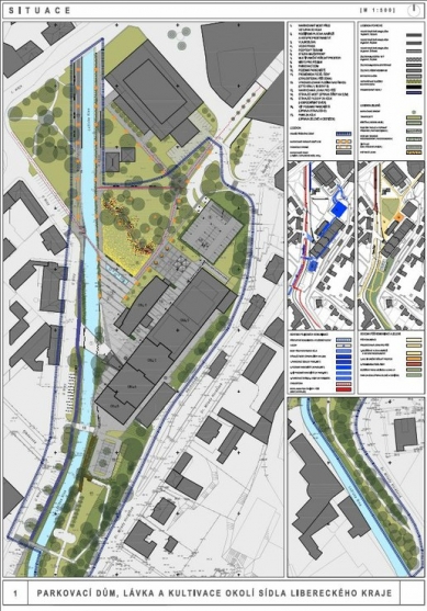 Parking garage, footbridge, and landscaping of the Liberec Region headquarters - competition results - 2nd prize - foto: SIAL architekti a inženýři