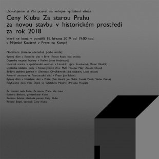 Pozvánka na vyhlášení Ceny Klubu Za starou Prahu Za novou stavbu v historickém prostředí pro rok 2018