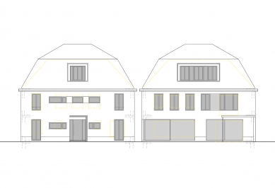 Renovace rodinného domu v německém městě Bergisch Gladbach - Schéma fasády s uspořádáním prosklených ploch: pohled z ulice (vlevo) a ze zahrady