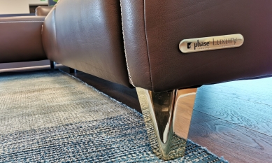 Furniture labeling 9× different: Designer, elegant, durable - Aluminum tags for Phase sofas in black and gold for the "Luxury" edition. The recessed embossing of the logo and texts in black highlights the 3D plasticity of the tag.<br>Due to the suitable choice of foam adhesive, the tag securely adheres to upholstered and leather surfaces.