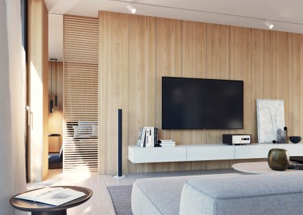 Obkladový systém EFEKTA – trend moderní doby - obklad stěny EFEKTA, dveře IDEALINE WOOD HORIZONTAL v posuvu PREMIUM - foto: JAP FUTURE