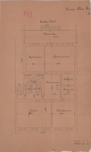 Vila Felixe a Auguste Löw-Beer - Dokumentace ke stavbě vily Jonase a Liny Löw-Beera z roku 1881, první patro. Zdroj Archiv brněnských vodáren a kanalizací, a.s.