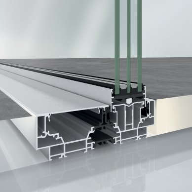 Minimalism par excellence: Frameless and also barrier-free sliding system Schüco AS PD 75.HI - Barrier-free threshold of the Schüco AS PD 75.HI Access Line system.