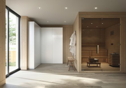 S modulárním systémem Viessmann Invisible lze technickou místnost využít na maximum - Viessmann Invisible dokáže v místnosti, která se obvykle využívá pro obslužná zařízení a spotřebiče, vytvořit další obytný prostor, kam lze umístit například saunu.