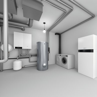 With the Viessmann Invisible modular system, the technical room can be used to the fullest - Unlike a regular technical room (on the left), the heat pump, hot water tank, and optional house ventilation system are hidden behind a flat wall thanks to the Viessmann Invisible system.