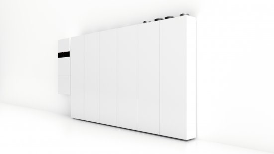 With the Viessmann Invisible modular system, the technical room can be used to the fullest - The highest possible level of independence in the most compact form (left to right): Vitocharge VX3 battery system, Viessmann Invisible module with a 250-liter main tank, Vitocal 222-SI heat pump, and Vitoair FSI central ventilation system.