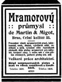 Obnova náhrobku rodiny Migot  - Reklama na firmu de Martin a Migot z roku 1907, uveřejněná v Moravské Orlici