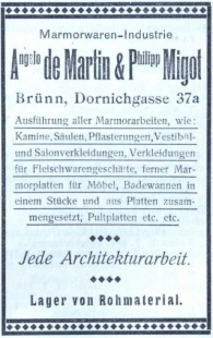 Obnova náhrobku rodiny Migot  - Reklama na firmu de Martin a Migot z roku 1911, uveřejněná v Adressbch von Brünn